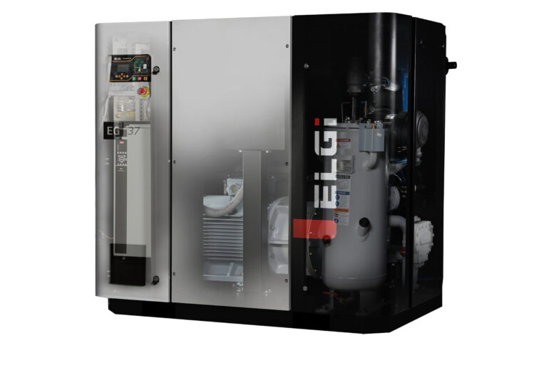 An isometric and semi-transparent view of an Egli EG 37 rotary screw air compressor.